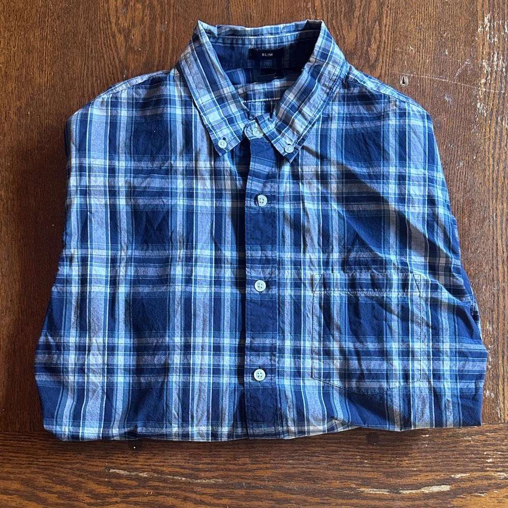 J. Crew Navy and White Plaid Button Down Shirt